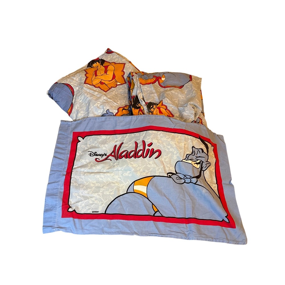 Vintage Disney Aladdin Genie Sheet Set Twin 3pc Flat Fitted Pillowcase Blue 90s